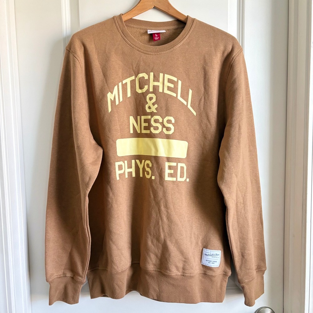 Mitchell & Ness Mens Phys Ed Sweatshirt Brown Crewneck Pullover Graphic Large